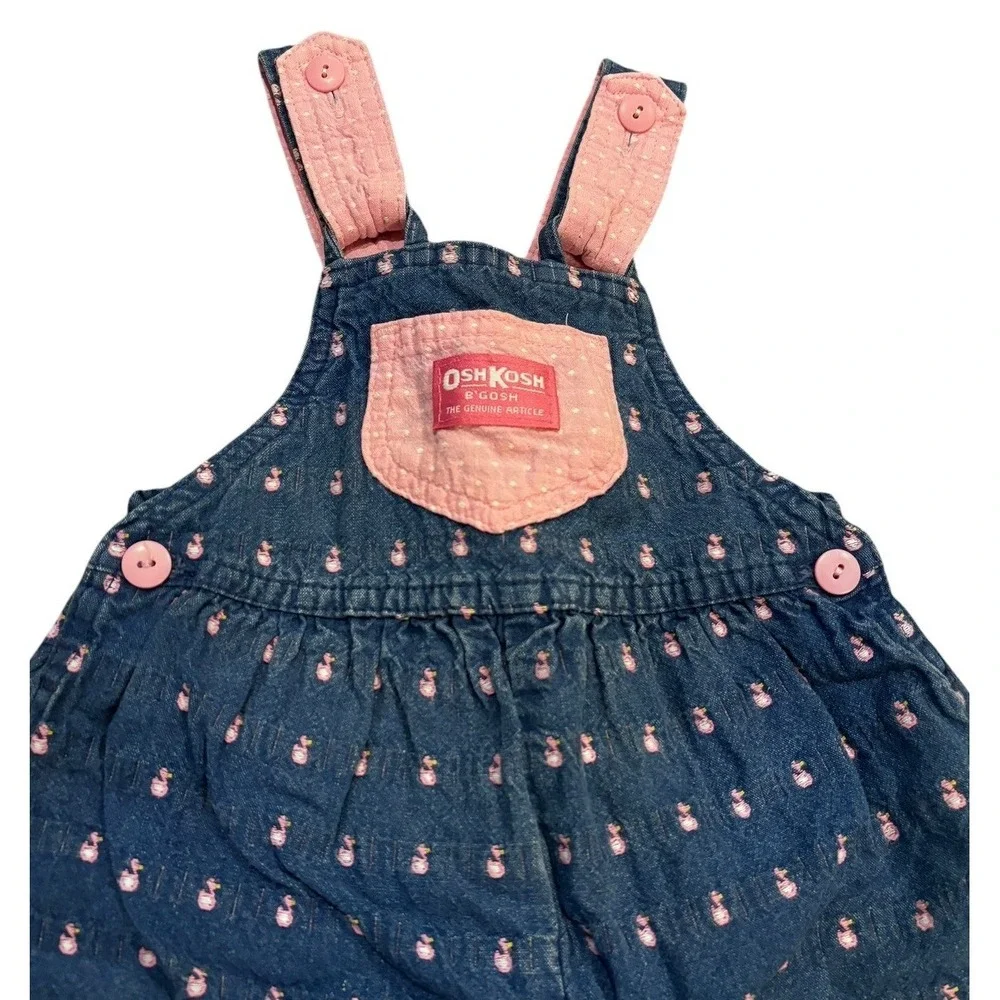 Vintage 1990s Baby Girls‎ Denim Oshkosh Overalls Pink Duck Stripe Bow 18 Months